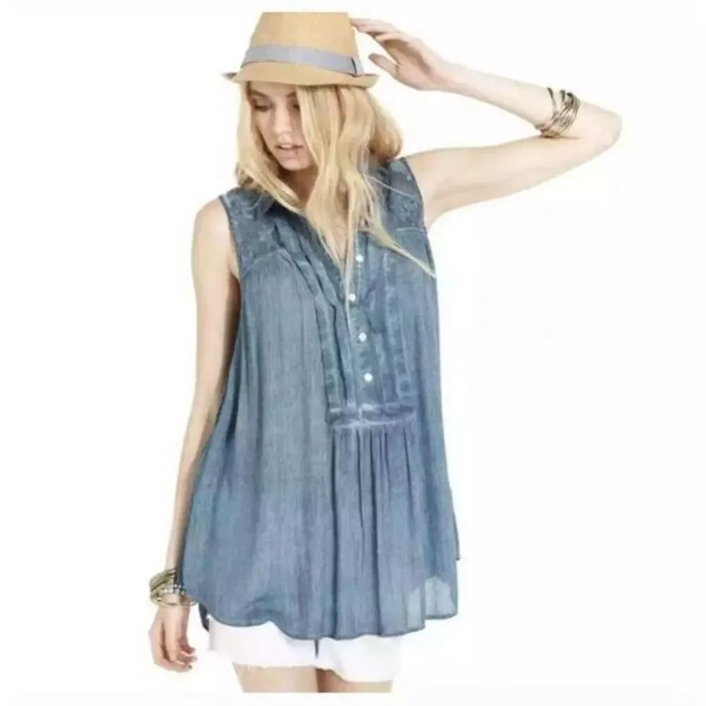 Free People Sleeveless Crinkle Cotton Tunic Top Size XS Teal Western Hippie Chic